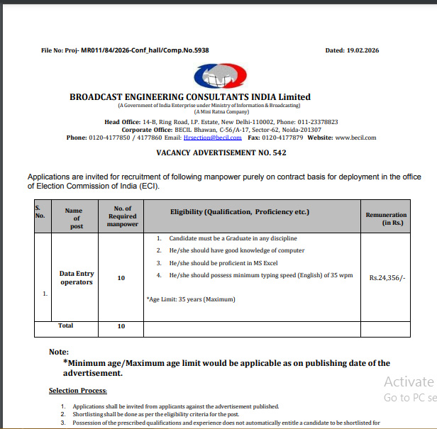 BECIL Recruitment issued for Data Entry Operator posts at Broadcast Engineering Consultants India Limited. Check eligibility, selection process, and application dates.