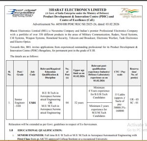 BEL Recruitment issued for Senior Engineer posts at Bharat Electronics Limited. Check eligibility, selection process, and application dates.