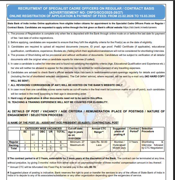 SBI Recruitment issued of Guest Teacher posts at State Bank of India. Check eligibility, selection process, and application dates.